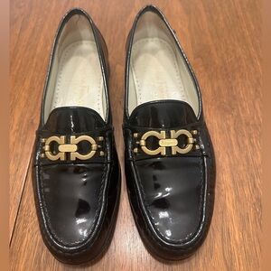 Salvatore Ferragamo Loafers, Black Patent Leather, Women’s Size 7